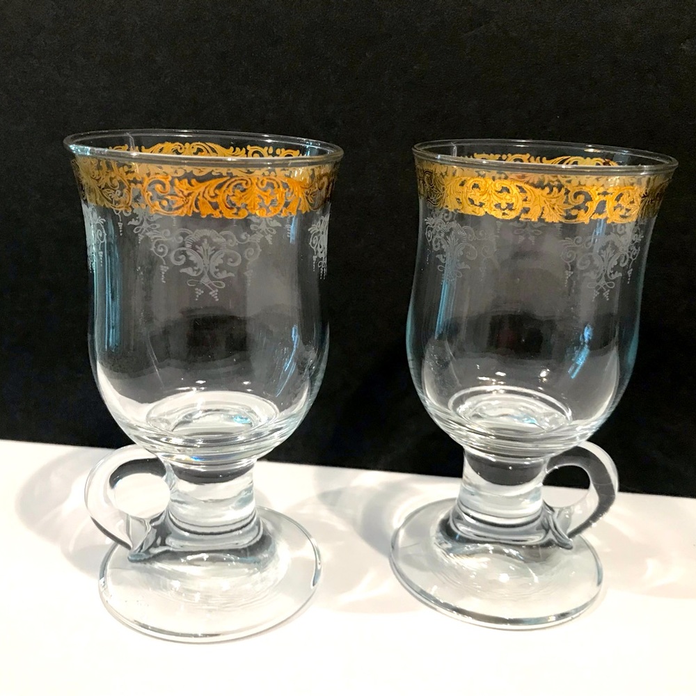 Cellini Crystalware Set Of 2 Irish Coffee Tea Glasses 24K Gold Rim